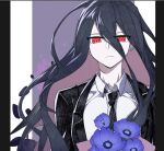  1boy bangs black_hair black_jacket black_neckwear blue_flower collared_shirt dangan_ronpa_(series) dangan_ronpa_2:_goodbye_despair flower formal hair_between_eyes jacket kamukura_izuru long_hair looking_at_viewer male_focus necktie pale_skin red_eyes shirt solo upper_body very_long_hair white_shirt ziling 