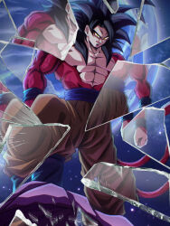  1boy absurdres biceps black_hair blue_sash blue_sky blue_wristband body_fur buraku_black closed_mouth commentary_request dragon_ball dragon_ball_gt earth_(planet) eyeliner highres long_hair looking_at_viewer makeup male_focus monkey_boy monkey_tail muscular muscular_male night no_nipples outdoors pants pectorals planet red_eyeliner red_fur red_tail saiyan sash sky smile smirk solo son_goku spiky_hair star_(sky) starry_sky_background super_saiyan super_saiyan_4 tail v-shaped_eyebrows yellow_pants 