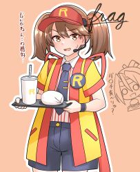  2girls absurdres breasts brown_eyes brown_hair cosplay double_cheese_(mcdonald's) double_cheese_(mcdonald's)_(cosplay) employee_uniform fast_food_uniform furaggu_(frag_0416) highres holding holding_tray kantai_collection mcdonald's multiple_girls open_happi pinstripe_pattern pinstripe_shirt ryuujou_(kancolle) shirt small_breasts solo_focus trait_connection translation_request tray twintails visor_cap yellow_happi zuikaku_(kancolle) 