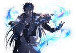  1boy blue_hair capelet cu_chulainn_(caster)_(fate) cu_chulainn_(fate)_(all) earrings elbow_gloves fate/grand_order fate_(series) fur-trimmed_hood fur_trim gloves hood hooded_capelet jewelry long_hair magic male_focus namahamu_(hmhm_81) outstretched_hand red_eyes rune solo spiky_hair 