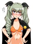  1girl anchovy_(girls_und_panzer) bangs bikini black_cape black_ribbon blush breasts cape closed_mouth commentary_request drill_hair embarrassed eyebrows_visible_through_hair frown girls_und_panzer green_hair hands_on_hips long_hair looking_at_viewer medium_breasts navel oosaka_kanagawa orange_bikini partial_commentary raised_eyebrow red_eyes ribbon simple_background solo swimsuit translated twin_drills twintails upper_body wet white_background 