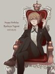  1boy absurdres bangs black_jacket black_legwear black_pants blonde_hair blue_eyes brown_footwear chair character_name collared_shirt crossed_legs crown dangan_ronpa:_trigger_happy_havoc dangan_ronpa_(series) dated dress_shirt eliotvlunogord foot_out_of_frame formal glasses grey_background hand_up happy_birthday highres jacket long_sleeves necktie open_clothes open_jacket pants parted_lips semi-rimless_eyewear shirt shoes short_hair signature sitting socks solo suit togami_byakuya under-rim_eyewear 