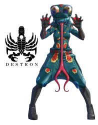  1girl belt belt_buckle black_footwear blue_skin boots buckle chameleon_(kamen_rider_v3) chameleon_girl colored_skin commentary cyborg eidenjyou1997 english_commentary forked_tongue full_body genderswap genderswap_(mtf) green_hair green_hat green_pants hair_over_eyes hands_up hat highres iridescent kamen_rider kamen_rider_v3_(series) logo long_tongue monster_girl open_mouth pants red_belt simple_background smile solo standing tongue very_long_tongue webbed_hands white_background 