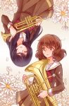  2girls black_hair brown_eyes brown_hair brown_shirt brown_skirt closed_eyes euphonium flower haiyun hibike!_euphonium highres holding holding_instrument instrument kitauji_high_school_uniform kousaka_reina long_hair long_sleeves multiple_girls neckerchief oumae_kumiko parted_lips pleated_skirt red_neckwear sailor_collar school_uniform serafuku shirt short_hair skirt trumpet upside-down white_sailor_collar 