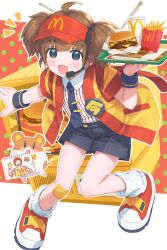  1girl :d absurdres ahoge badge black_eyes black_necktie black_shorts black_wristband blunt_bangs blush blush_stickers border brown_hair burger button_badge cheese collared_shirt commentary crt cup disposable_cup double_cheese_(mcdonald's) dress_shirt food food_wrapper french_fries gauze_on_knee hair_between_eyes hamster hat hayashi_naoharu headset highres holding holding_sketchbook holding_tray knees_together_feet_apart leaning_forward looking_at_viewer loose_socks mcdonald's medium_hair microphone necktie open_happi open_mouth outline outside_border outstretched_arms pickle pinstripe_pattern pinstripe_shirt placemat polka_dot polka_dot_background radio_antenna red-footed_tortoise_(kemono_friends) red_background red_footwear red_hat red_shirt red_trim ronald_mcdonald serving shirt shoes short_sleeves shorts sidelocks sketchbook smile sneakers socks solo standing striped_clothes striped_shirt television thick_eyebrows tie_clip tomato tomato_slice tray twintails two-tone_shirt velcro_footwear vertical-striped_clothes vertical-striped_shirt visor_cap white_border white_outline white_shirt white_socks white_trim yellow_happi yellow_trim 