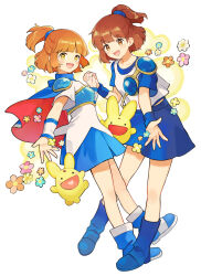  2girls arle_nadja armor blue_cape blue_footwear blue_skirt blue_wristband blush boots breastplate brown_eyes brown_hair cape carbuncle_(puyopuyo) creature dual_persona flower forehead_jewel half_updo highres lirio_(nikori9) looking_at_viewer madou_monogatari multiple_girls open_mouth ponytail puyopuyo shirt short_hair simple_background skirt smile white_shirt white_wristband wristband yellow_eyes 