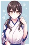  1girl alternate_hairstyle breasts brown_eyes brown_hair japanese_clothes kabocha_torute kaga_(kancolle) kantai_collection large_breasts long_hair low_twintails solo tasuki twintails upper_body 