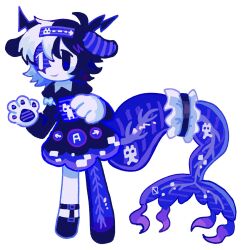  1girl animal_hands black_hair blue_eyes bow closed_mouth fins fish_tail full_body hashtag-only_commentary highres juliet_sleeves kalawakan long_sleeves multicolored_hair original puffy_sleeves short_hair smile solo split-color_hair tail tail_strap white_bow white_hair 