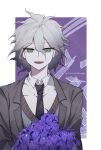  1boy :d bangs blue_background bouquet brown_jacket collared_shirt commentary_request dangan_ronpa_(series) dangan_ronpa_3_(anime) eyebrows_visible_through_hair flower grey_hair hair_between_eyes highres holding jacket komaeda_nagito long_sleeves looking_at_viewer male_focus messy_hair necktie open_mouth shirt short_hair smile solo upper_body white_background white_shirt ziling 