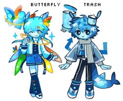  2others :> arrow_(symbol) black_footwear black_pants black_vest blue_hair blue_jacket blue_shorts boots butterfly_wings closed_mouth frutiger_aero full_body highres insect_wings jacket kalawakan low_wings multiple_others original pants recycle_bin recycling_symbol scarf short_hair_with_long_locks shorts simple_background smile vest white_background white_jacket white_scarf wings 