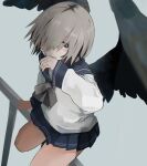  1girl air_kon bandaid bandaid_on_face bangs black_wings blue_background blue_eyes blue_sailor_collar blue_skirt closed_mouth feathered_wings grey_hair grey_neckwear hair_over_one_eye highres long_sleeves looking_at_viewer original pleated_skirt railing sailor_collar school_uniform serafuku short_hair simple_background skirt solo wings 