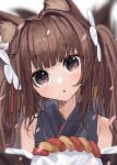  1girl amagi_(azur_lane) animal_ear_fluff animal_ears azur_lane bangs bare_shoulders blurry blurry_background brown_eyes brown_hair chestnut_mouth commentary_request depth_of_field eyebrows_visible_through_hair flower fox_ears hair_flower hair_intakes hair_ornament head_tilt long_hair ootani_nonno parted_lips petals short_eyebrows solo thick_eyebrows twintails upper_body white_flower 
