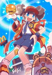  1girl artist_name bandaid bandaid_on_knee bandaid_on_leg blue_eyes blue_necktie blue_shorts blue_wristband blush brown_hair burger collared_shirt commentary_request double_cheese_(mcdonald's) employee_uniform food full_body hamster hand_on_own_hip hand_up happi hat headset holding holding_food japanese_clothes mcdonald's microphone necktie open_mouth outdoors outline red_footwear red_hat shirt shirt_tucked_in shisui short_hair short_sleeves short_twintails shorts sidelocks smile socks sparkle striped_clothes striped_shirt tie_clip twintails visor_cap white_outline white_shirt white_socks yellow_happi 