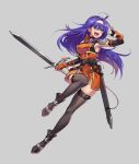  1girl :d ahoge aqua_eyes arm_strap armor armpits belt_pouch black_footwear black_gloves black_legwear black_shirt blue_hair boots breasts closed_mouth commentary dress elbow_gloves english_commentary eyebrows_visible_through_hair fingerless_gloves fire_emblem fire_emblem:_path_of_radiance fire_emblem:_radiant_dawn floating_hair full_body gloves grey_background hair_between_eyes hairband holding holding_sword holding_weapon kaijuicery long_hair medium_breasts mia_(fire_emblem) open_mouth orange_dress orange_gloves pouch ribbed_shirt sample scabbard sheath shirt short_dress shoulder_armor simple_background skindentation smile solo strap sword thigh-highs thigh_strap thighs tsurime turtleneck unsheathed weapon zettai_ryouiki 