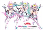  3girls boots breasts character_name character_request cleavage_cutout clothing_cutout coffee_cup commentary_request cosplay covered_navel crossover cup detached_sleeves disposable_cup gloves goodsmile_racing gradient_hair hatsune_miku hatsune_miku_(cosplay) high_heels holding holding_tray large_breasts logo medium_breasts multicolored_hair multiple_girls nitroplus open_hand open_mouth pink_eyes pink_hair racing_miku racing_miku_(2021) short_hair skating super_sonico thigh-highs thigh_boots tray tsuji_santa twintails vocaloid white_background white_gloves 