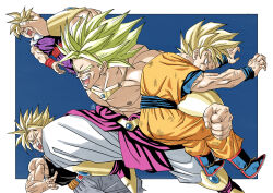  4boys baggy_pants black_tank_top blank_eyes blonde_hair blue_eyes blue_wristband broly_(dragon_ball_z) dougi dragon_ball dragon_ball_z earrings fighting forest_1988 highres injury jewelry legendary_super_saiyan male_focus multiple_boys muscular muscular_male necklace no_pupils pants shirt short_hair smile son_gohan son_goku spiky_hair super_saiyan super_saiyan_1 tank_top topless_male toriyama_akira_(style) trunks_(dragon_ball) trunks_(future)_(dragon_ball) wristband 