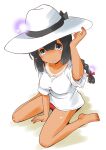  1girl absurdres barefoot black_eyes black_hair braid commentary_request dark_skin dark-skinned_female hair_between_eyes hat highres isonami_(kancolle) kantai_collection long_hair looking_at_viewer one-hour_drawing_challenge shirt sidelocks simple_background sitting solo sun_hat taisinkoku tan tanline twin_braids wariza white_background white_headwear white_shirt 
