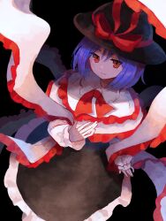  1girl black_background black_hat black_skirt blue_hair bow bowtie capelet closed_mouth collared_capelet commentary_request frilled_capelet frilled_skirt frilled_sleeves frills from_above hagoromo hand_on_own_chest hand_up hat hat_bow highres kimura8556spsk light_smile long_sleeves looking_at_viewer looking_up nagae_iku red_bow red_bowtie red_eyes shawl shirt short_hair simple_background skirt solo touhou white_capelet white_shirt 