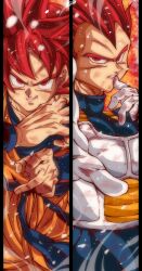  2boys absurdres artist_name blue_sash blue_shirt blue_wristband collarbone commentary_request dougi dragon_ball dragon_ball_super dragon_ball_super_broly gloves highres kinakomochi_(user_vedc2333) male_focus multiple_boys nose orange_pants pants red_aura red_eyes redhead saiyan saiyan_armor sash shirt signature smirk son_goku spiky_hair super_saiyan super_saiyan_god turtleneck turtleneck_shirt upper_body v-shaped_eyebrows vegeta white_gloves 