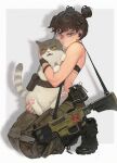  1girl animal bangs black_footwear black_sports_bra blue_eyes brown_hair cat double_bun full_body glasses gun highres holding holding_animal holding_cat looking_at_viewer morry original pants shadow shoes signature solo sports_bra weapon 