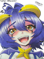  1girl absurdres blush dated demon_horns fangs hair_between_eyes highres hiiragi_utena horns looking_at_viewer magia_baiser mahou_shoujo_ni_akogarete open_mouth purple_hair saliva shrug_(clothing) signature simple_background solo star-shaped_pupils star_(symbol) symbol-shaped_pupils traditional_media twitter_username upper_body user_dwfu3888 white_background yellow_eyes yellow_horns 