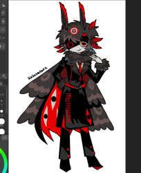  1boy art_program_in_frame black_cape black_coat black_footwear black_hair black_pants boots cape coat eye_print full_body hair_ornament insect_wings kalawakan leaf_hair_ornament looking_at_viewer moth_boy moth_wings mothman original pants parted_lips simple_background smile solo white_background wings 