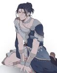  1boy black_hair blue_hair dancer_(three_houses) expressionless felix_hugo_fraldarius fire_emblem fire_emblem:_three_houses kneeling male_focus namahamu_(hmhm_81) ponytail solo tied_hair toga vambraces yellow_eyes 