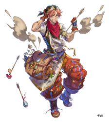  1boy arm_up arrow_(projectile) blue_eyes brown_footwear copyright_notice full_body gloves grin hair_behind_ear hand_on_own_head hand_up holding holding_arrow looking_at_viewer male_focus official_art orange_gloves orange_hair orange_pants pants parted_bangs shibuhiko simple_background sleeves_rolled_up smile smoke solo standing strauss_(ta_ga_tame_no_alchemist) sweatdrop ta_ga_tame_no_alchemist test_tube test_tube_holster third-party_source transparent_background 