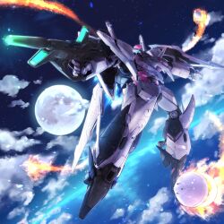  aiming beam_rifle clouds commentary energy_gun finger_on_trigger firing flying full_body full_moon glowing glowing_eye green_eyes gundam gundam_hathaway&#039;s_flash highres mecha mecha_focus missile mobile_suit moon night no_humans nori_(arara105) ocean outdoors outstretched_arms robot science_fiction solo spread_arms star_(sky) thrusters v-fin water weapon xi_gundam 
