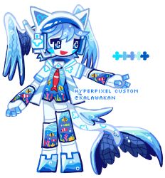  1other blue_eyes blue_footwear blue_hair fins fish fish_tail frutiger_aero full_body hand_up head_wings headphones headset highres jacket kalawakan liquid_wings looking_at_viewer microphone open_mouth original plus_sign shoes smile solo symbol-shaped_pupils tail white_jacket wings 