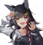  1girl :d animal_ear_fluff animal_ears black_hair choker claw_pose fang highlights highres hololive hood hood_down hoodie long_hair long_sleeves multicolored_hair ookami_mio open_mouth redhead sleeves_past_wrists smile virtual_youtuber wolf_ears wolf_girl yellow_eyes yousalbum 
