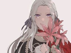  1girl bangs crying edelgard_von_hresvelg fire_emblem fire_emblem:_three_houses flower gloves hair_ribbon holding holding_flower lily_(flower) long_hair namahamu_(hmhm_81) parted_bangs ribbon solo tears violet_eyes white_gloves white_hair 