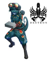 1girl belt belt_buckle black_footwear blue_skin boots buckle chameleon_(kamen_rider_v3) chameleon_girl chameleon_tail colored_skin commentary cyborg eidenjyou1997 english_commentary genderswap genderswap_(mtf) green_hair green_hat green_pants hair_over_eyes hat highres holding iridescent kamen_rider kamen_rider_v3_(series) logo monster_girl pants red_belt simple_background smile solo tail teeth white_background