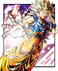  1boy background_request blonde_hair blue_sash blue_shirt blue_wristband closed_mouth commentary_request curtained_hair dragon_ball dragon_ball_z green_eyes instant_transmission looking_at_viewer looking_down looking_to_the_side male_focus medium_hair muscular muscular_male nose orange_pants outside_border pants reaching reaching_towards_viewer sash shirt short_sleeves smirk son_goku spiky_hair super_saiyan super_saiyan_1 torn_clothes torn_pants torn_shirt ushi_(akabec0) v-shaped_eyebrows 