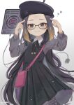  1girl ao-chan_(ninomae_ina&#039;nis) beret black_dress black_headwear blue_eyes collared_shirt dress floating_hair forehead glasses gradient gradient_background hat heart highres hololive hololive_english long_hair mole mole_under_eye ninomae_ina&#039;nis official_alternate_costume pointing pointing_at_self pointy_ears pouch power_cord roza4957 shirt smile solo tablet_pc very_long_hair virtual_youtuber younger 