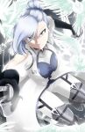  1girl asymmetrical_bangs bangs bird black_gloves blue_eyes blue_hair boots dutch_angle gloves grey_background highres looking_at_viewer rwby shaded_face solo sword thigh-highs thigh_boots thighs weapon white_hair winter_schnee yaya_(y8ay8a) 