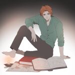  1boy barefoot book brown_eyes candle casual dress_shirt fire_emblem fire_emblem:_three_houses green_shirt male_focus map namahamu_(hmhm_81) orange_hair redhead shirt short_hair sitting sitting_on_floor solo sylvain_jose_gautier 