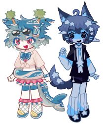  2girls absurdres animal_ears black_jacket black_shorts blue_bow blue_bowtie blue_hair blue_shorts bow bowtie can cat_ears cat_tail eyewear_on_head food fruit full_body highres innertube jacket kalawakan lemon lemon_slice multiple_girls open_mouth original palm_tree pink_skirt shirt short_hair short_sleeves short_twintails shorts skirt smile socks sunglasses swim_ring tail tree twintails white_shirt white_socks 