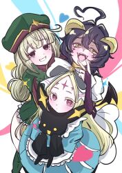  3girls ahoge apron araga_kiwi black_hair black_wings blonde_hair blue_dress blush bow bright_pupils closed_mouth colored_eyelashes commentary_request demon_wings dot_mouth dot_nose double-parted_bangs dress elbow_gloves evil_smile expressionless facial_mark fangs fingerless_gloves forehead forehead_mark forward_facing_horns from_above giorgio_(yo_sumire_sola1) gloves green_footwear green_gloves green_hair green_hat green_jacket hair_bow hair_intakes hand_on_own_face hat heart hiiragi_utena holding horns huge_ahoge jacket jitome leoparde_(mahou_shoujo_ni_akogarete) long_hair long_sleeves looking_at_viewer low-tied_long_hair magia_baiser mahou_shoujo_ni_akogarete military_hat mole mole_under_eye morino_korisu multiple_girls nero_alice no_pants parted_bangs pink_eyes puffy_long_sleeves puffy_short_sleeves puffy_sleeves purple_gloves short_hair short_sleeves simple_background slit_pupils smile star-shaped_pupils star_(symbol) straight_hair symbol-shaped_pupils tareme v venalita white_apron white_background white_bow white_pupils white_sleeves wings wispy_bangs yellow_eyes yellow_pupils 