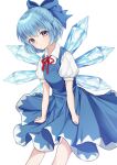  1girl :/ blue_bow blue_dress blue_eyes blue_hair bow breasts cirno closed_mouth dress expressionless eyebrows_visible_through_hair feet_out_of_frame hair_bow highres ice ice_wings leaning_forward light_blush looking_at_viewer mongkyung puffy_short_sleeves puffy_sleeves short_hair short_sleeves simple_background small_breasts solo touhou white_background wings 