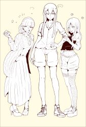 ... 3girls absurdres bandages belt blush braid drooling full_body glasses hairband hand_on_another's_arm haruka_poipoi heart high_heels highres long_hair looking_at_another mahou_shoujo_ni_akogarete momomori_momo monochrome multiple_girls nail_polish open_mouth shirt shoes shorts simple_background sleeveless sleeveless_shirt sneakers tada_randa tanaka_michiko thigh-highs vest yellow_background yuri 
