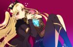  1girl bangs birdcage black_legwear blonde_hair blush bow cage earrings ereshkigal_(fate) eyebrows_visible_through_hair fate/grand_order fate_(series) hair_bow hair_ribbon heart highres holding holding_cage jewelry long_hair looking_at_viewer mismatched_legwear parted_bangs red_background red_eyes ribbon simple_background skull smile solo tenoteno_syumi tiara two_side_up very_long_hair 