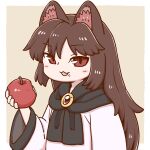  1girl :3 :d animal_ears apple bangs border brooch brown_background brown_hair eyebrows_visible_through_hair food food_on_face fruit holding holding_food holding_fruit imaizumi_kagerou jewelry long_hair long_sleeves open_mouth poronegi red_eyes simple_background smile solo touhou upper_body white_border wide_sleeves wolf_ears 