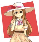  1girl arm_behind_back azumi_kurocky beige_dress belt brown_belt brown_hair closed_mouth commentary_request facing_viewer finger_to_cheek floral_print hand_up hat idolmaster idolmaster_(classic) index_finger_raised long_hair looking_at_viewer minase_iori pink_ribbon puffy_short_sleeves puffy_sleeves red_eyes ribbon short_sleeves smile solo sun_hat upper_body white_headwear 
