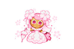  1girl :d bag blush cherry_blossom_cookie cherry_blossom_cookie_(spring_bliss) closed_umbrella cookie_run cookie_run:_kingdom dress elbow_gloves flower flower_dress full_body gloves hair_flower hair_ornament holding holding_bag holding_umbrella long_dress long_hair looking_at_viewer no_pupils official_alternate_costume official_alternate_hairstyle open_mouth pink_bag pink_eyes pink_flower pink_hair revi_616 simple_background smile solo umbrella white_background white_dress white_flower white_gloves 