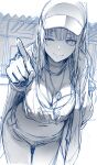  1girl absurdres bangs blunt_bangs blush breasts closed_mouth greyscale hat hews highres hololive hololive_english long_hair looking_at_viewer medium_breasts midriff monochrome mori_calliope navel necktie one_eye_closed pants sketch smile solo thighs virtual_youtuber 