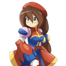  1girl blue_dress brown_hair cowboy_shot dress green_eyes hat iris_(mega_man) mega_man_(series) mega_man_x4 mega_man_x_(series) red_dress red_hat simple_background solo white_background wuh9p7bltjdctiy 