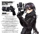  1girl b3_wingman_elite bangs black_bodysuit black_gloves black_hair black_scarf bodysuit english_commentary gloves gun hair_behind_ear hair_ornament hairclip holding holding_gun holding_weapon kotone_a looking_at_viewer personification red_eyes redhead revolver scarf short_hair solo titanfall_(series) titanfall_2 weapon white_background 