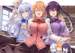  3girls bangs blue_eyes blue_hair blue_neckwear blue_vest blush bow bowtie breasts brown_skirt closed_eyes collared_shirt eyebrows_visible_through_hair gochuumon_wa_usagi_desu_ka? hair_ornament hairclip hand_up holding_another&#039;s_arm holding_hands hoto_cocoa indoors kafuu_chino ks_(xephyrks) large_breasts long_hair long_sleeves looking_at_viewer multiple_girls multiple_views one_eye_closed open_mouth orange_hair purple_hair purple_neckwear purple_vest rabbit red_neckwear red_vest shirt skirt small_breasts smile tedeza_rize tippy_(gochiusa) twintails vest violet_eyes 