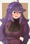  1girl @_@ ahoge alternate_breast_size arm_under_breasts bangs blush breast_hold breasts brown_background commentary_request dress eyebrows_behind_hair hair_between_eyes hairband hex_maniac_(pokemon) highres kurage_shoukushu large_breasts long_hair messy_hair nervous open_mouth pokemon pokemon_(game) pokemon_xy purple_dress purple_hair purple_hairband ribbed_sweater solo sweatdrop sweater turtleneck turtleneck_sweater two-tone_background violet_eyes white_background 